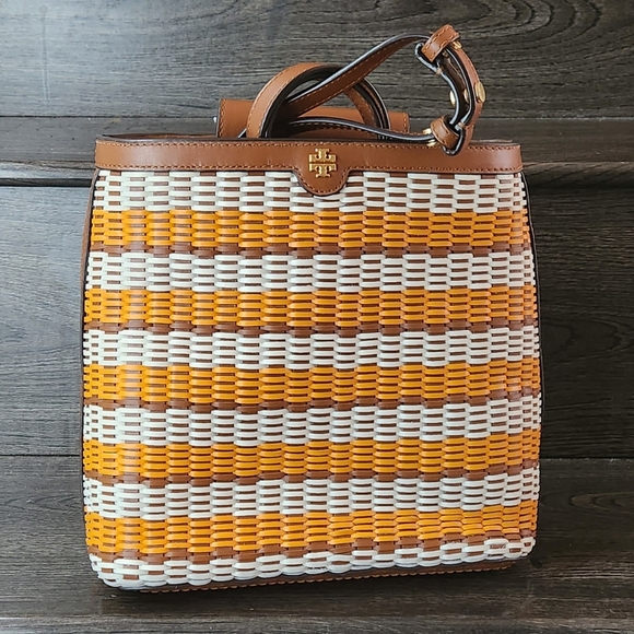 AUTH Tory Burch woven orange tan Crossbody Bucket vacation bag - Picture 6 of 10